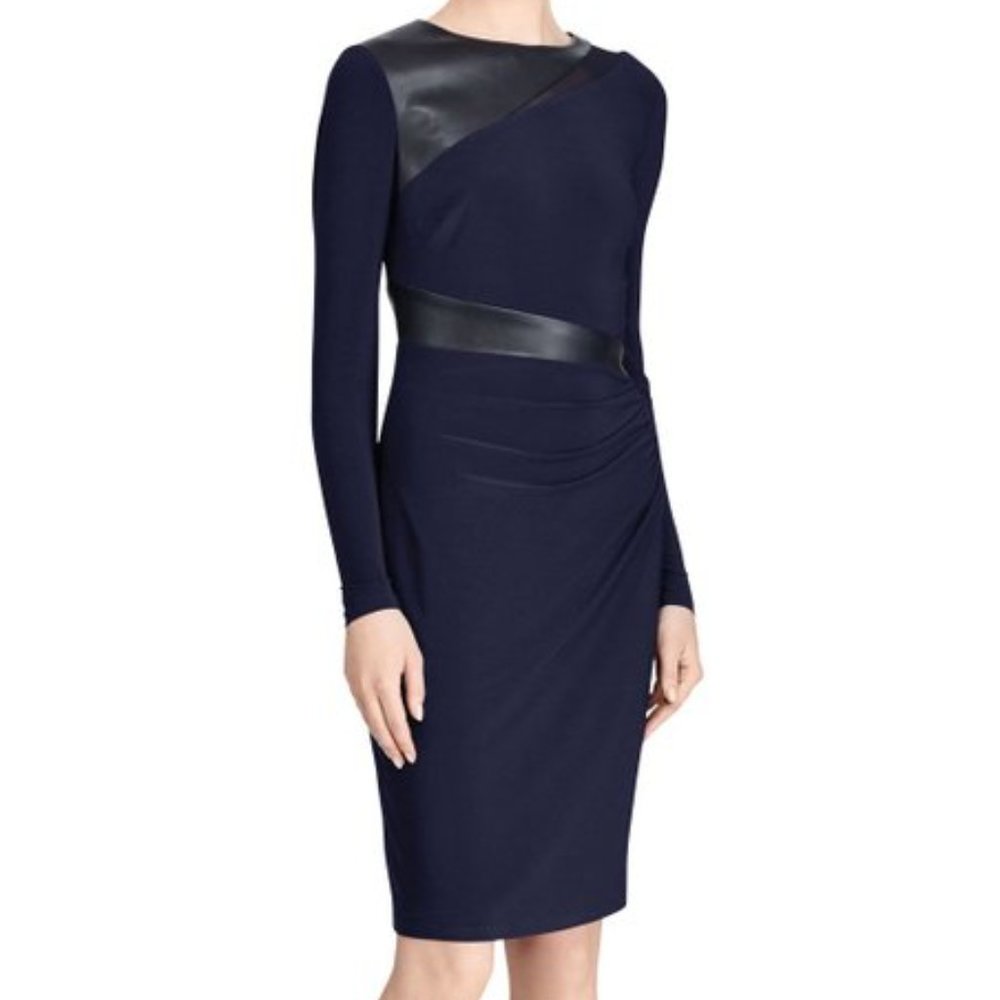 NEW Lauren Ralph Lauren Navy Faux Leather-Trim Long-Sleeve Jersey Dress